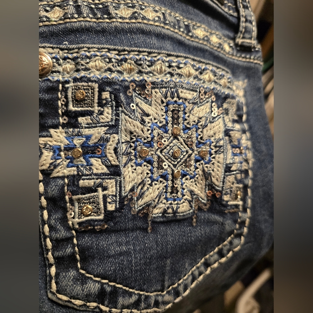 Grace in LA Women's Dark Blue Embroidered Boot Cut Jeans - Picture 7 of 12